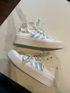 adidas White Hi-Top Platform Sneakers with Light Blue Stripes